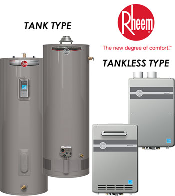 Rheem water heaters and furnace repair services are shown with the Rheem logo and slogan "The new degree of comfort.